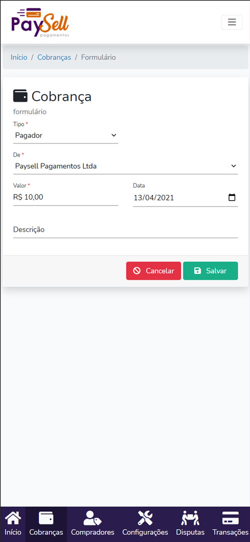 Tela de cobrança do Administrativo do Cartão